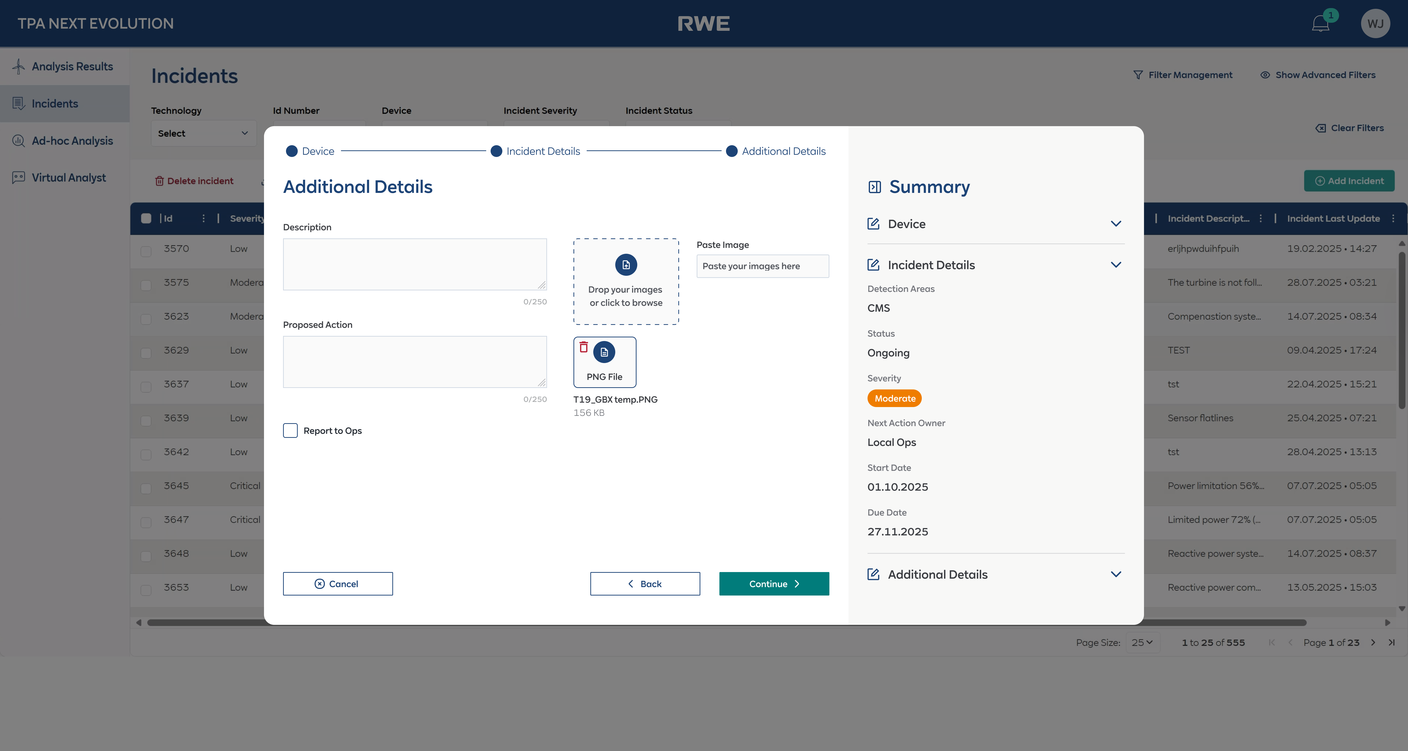 Step 3 — Additional Details with description, proposed action, image upload, and Report to Ops